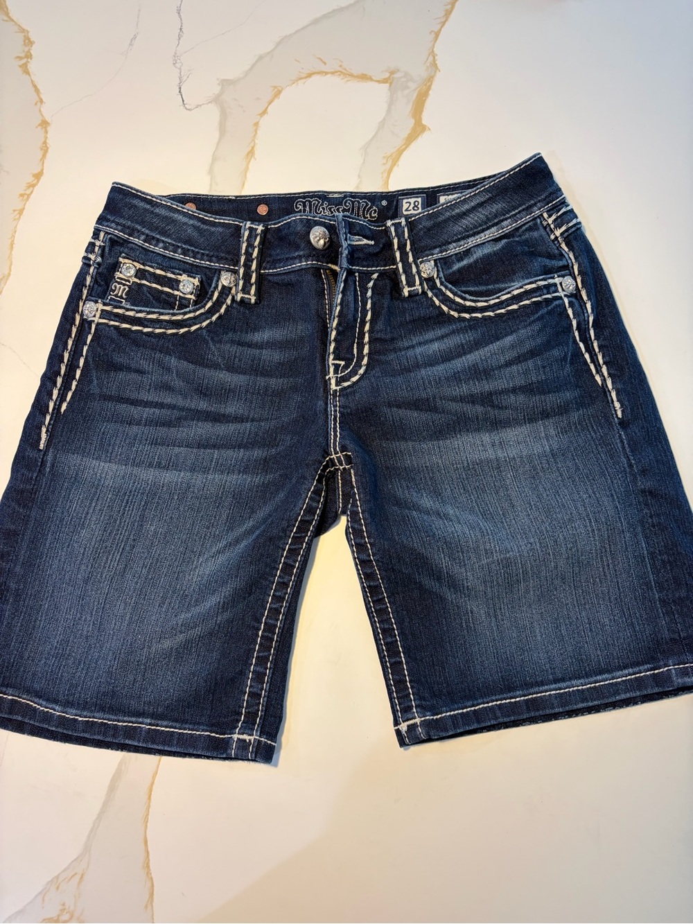 Miss Me Dark Blue Denim Bermuda Shorts with White Contrast Stitching - Picture 2 of 9